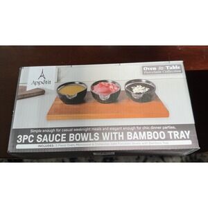 NEW Appetit 3pc Sauce Bowls With Bamboo Tray Black Porcelain GIFT